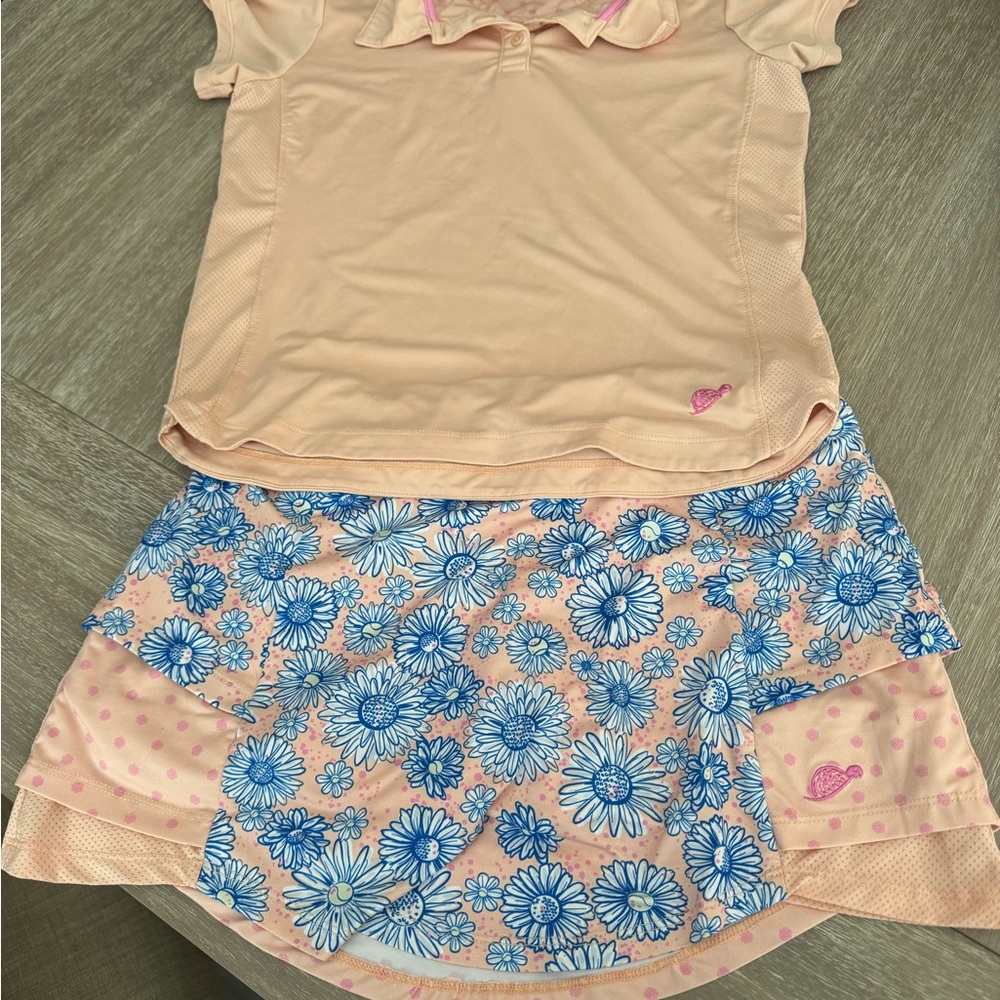 Girls golf Turtles and Tees, Peach and Blue Floral skirt and shirt.